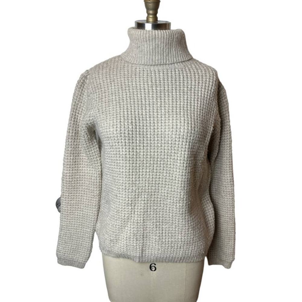 Jenni Kayne Gray Waffle Knit Turtleneck Sweater Chunky Textured Pullover XS